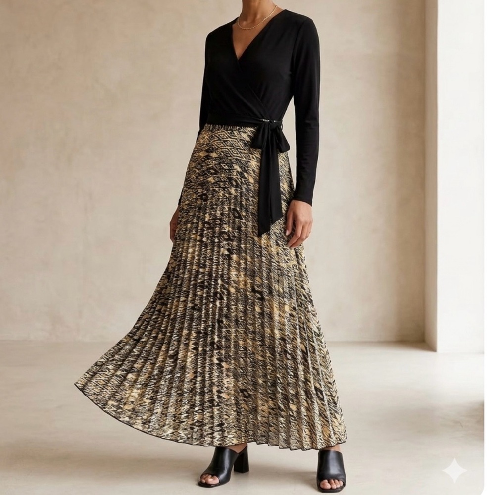 LulaRoe DeAnne Wrap Gold & Black Maxi Pleated Dress Size XLβ